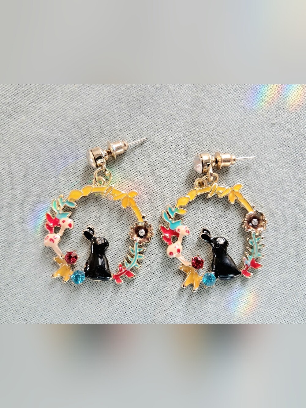 Gold Plated Black Enamel Bunny Rabbit 🐇 Crystal Cottagecore Earrings